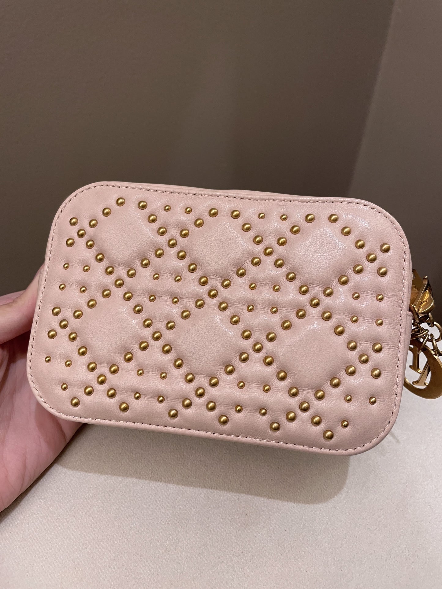 Dior Cannage Studded Lady Dior Camera Bag Powder Beige Lambskin