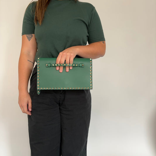 Valentino Green Convertible Rockstud Clutch/Wristlet Large