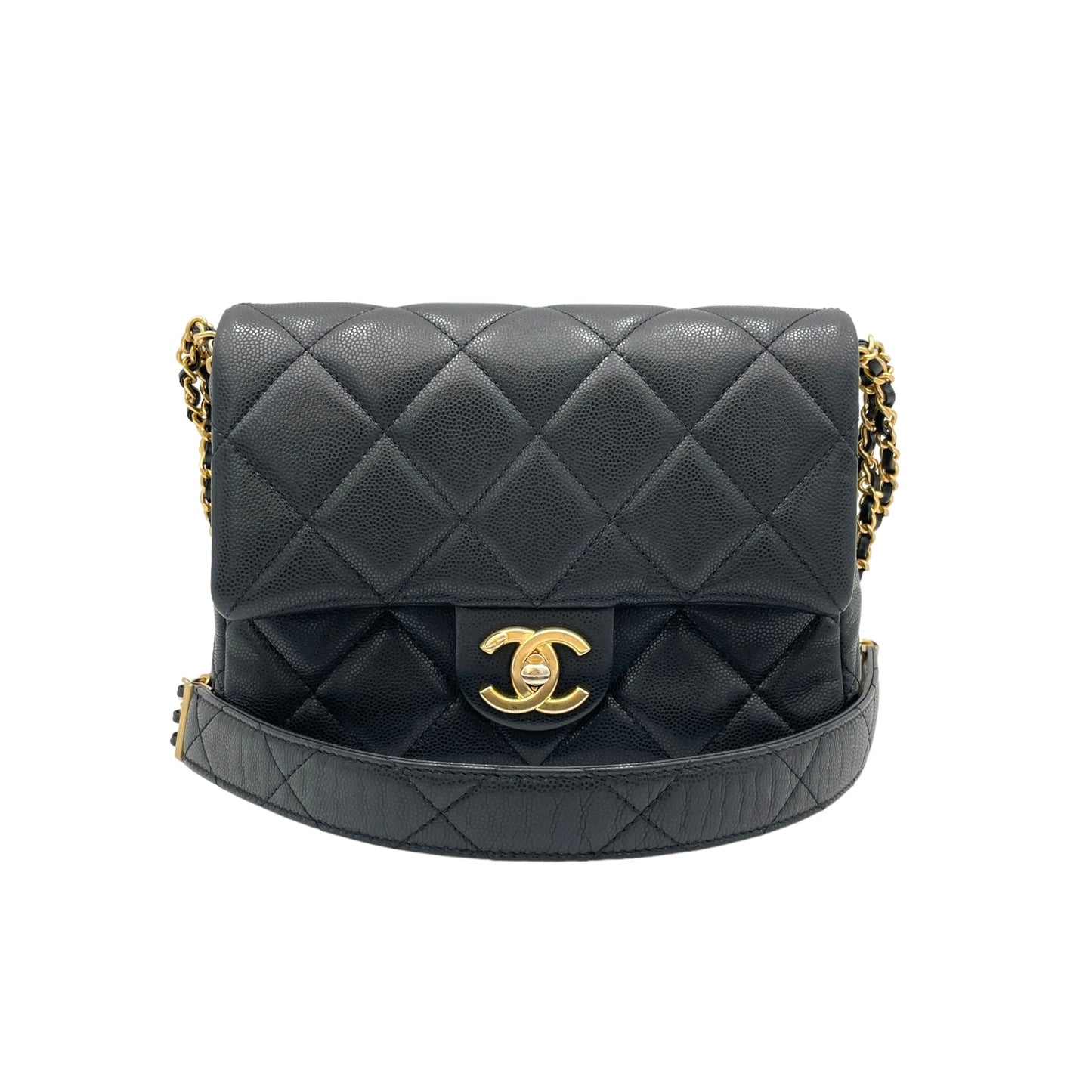 Square Quilt Black Crossbody Bag in Caviar Leather, Gold hardware