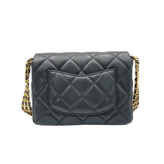 Square Quilt Black Crossbody Bag in Caviar Leather, Gold hardware