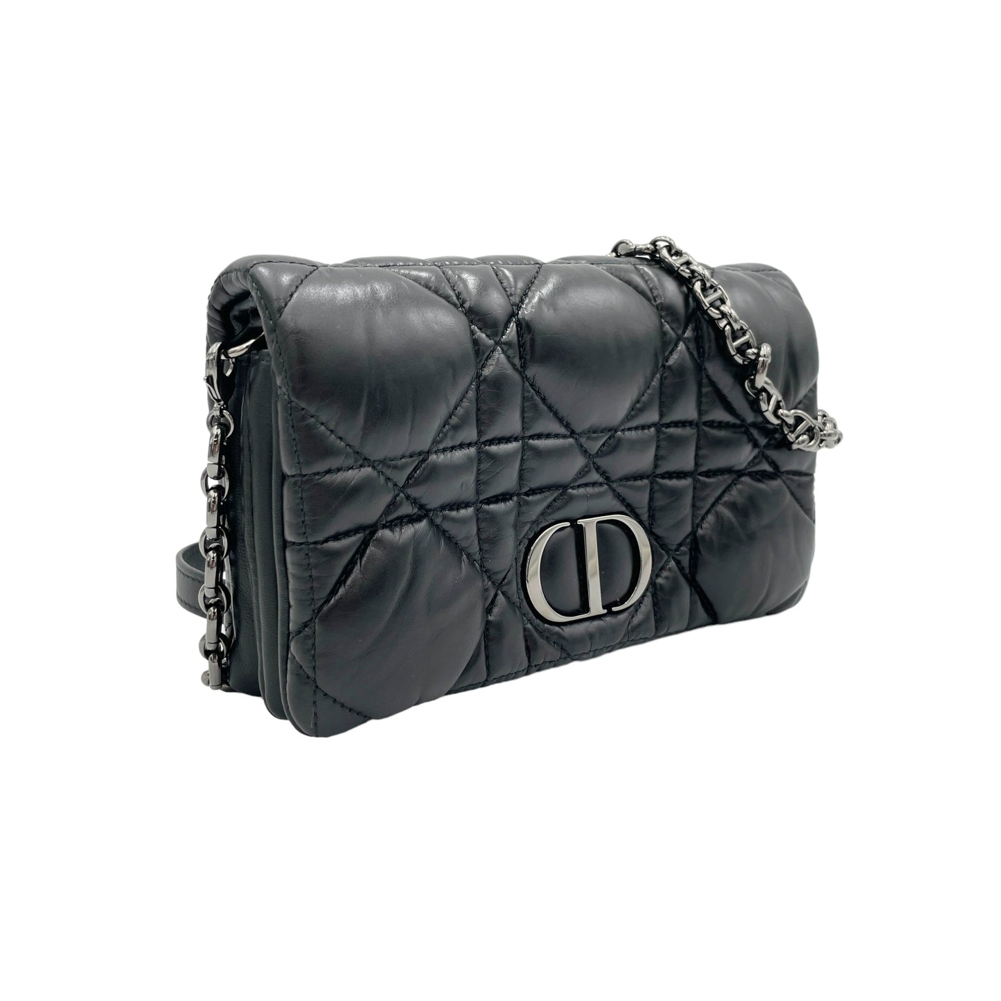 Caro Macrocannage Mini Black Crossbody Bag in Calfskin, Silver hardware