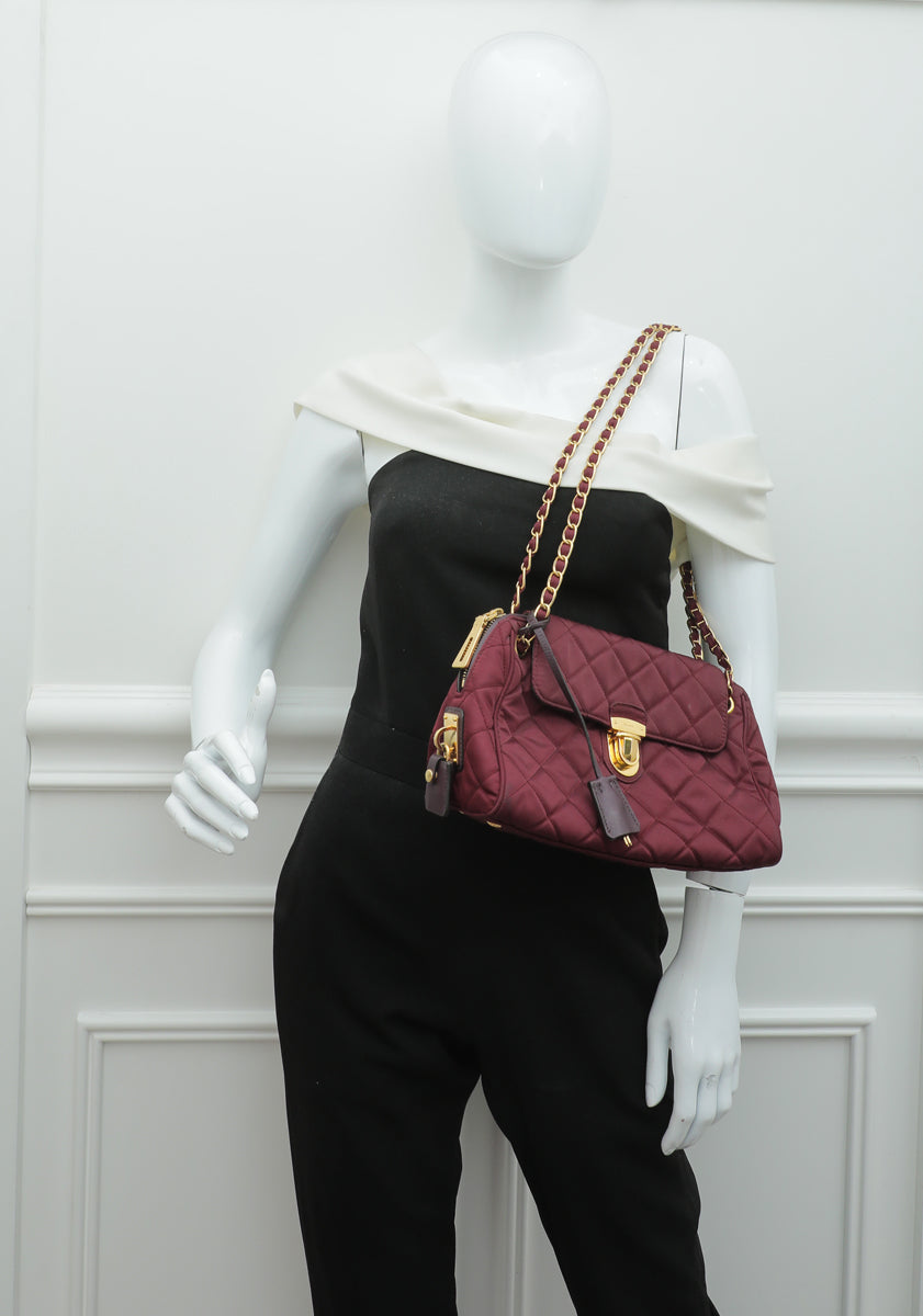 Prada Burgundy Tessuto Impuntu Bowling Flap Bag