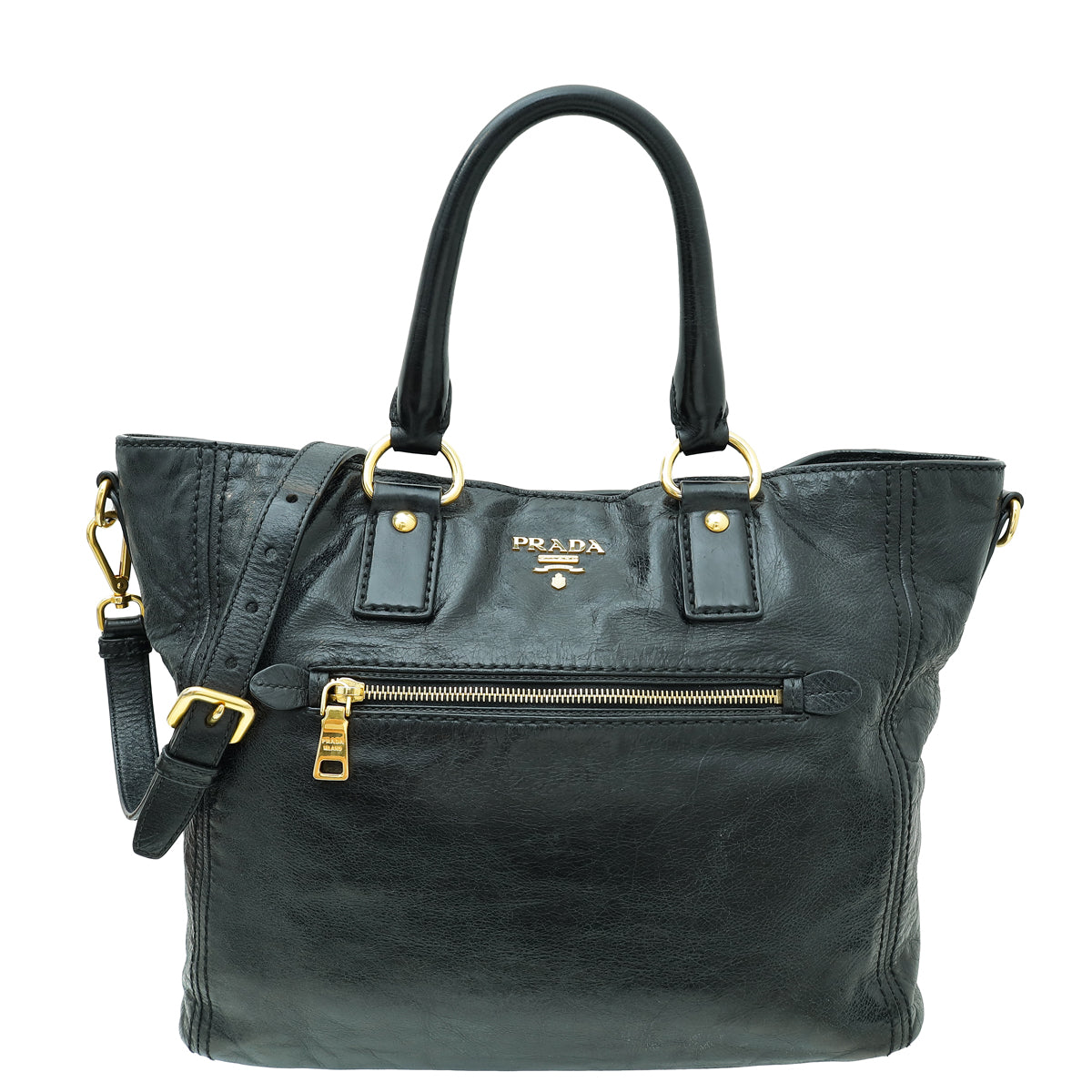 Prada Black Front Zip Tote Bag