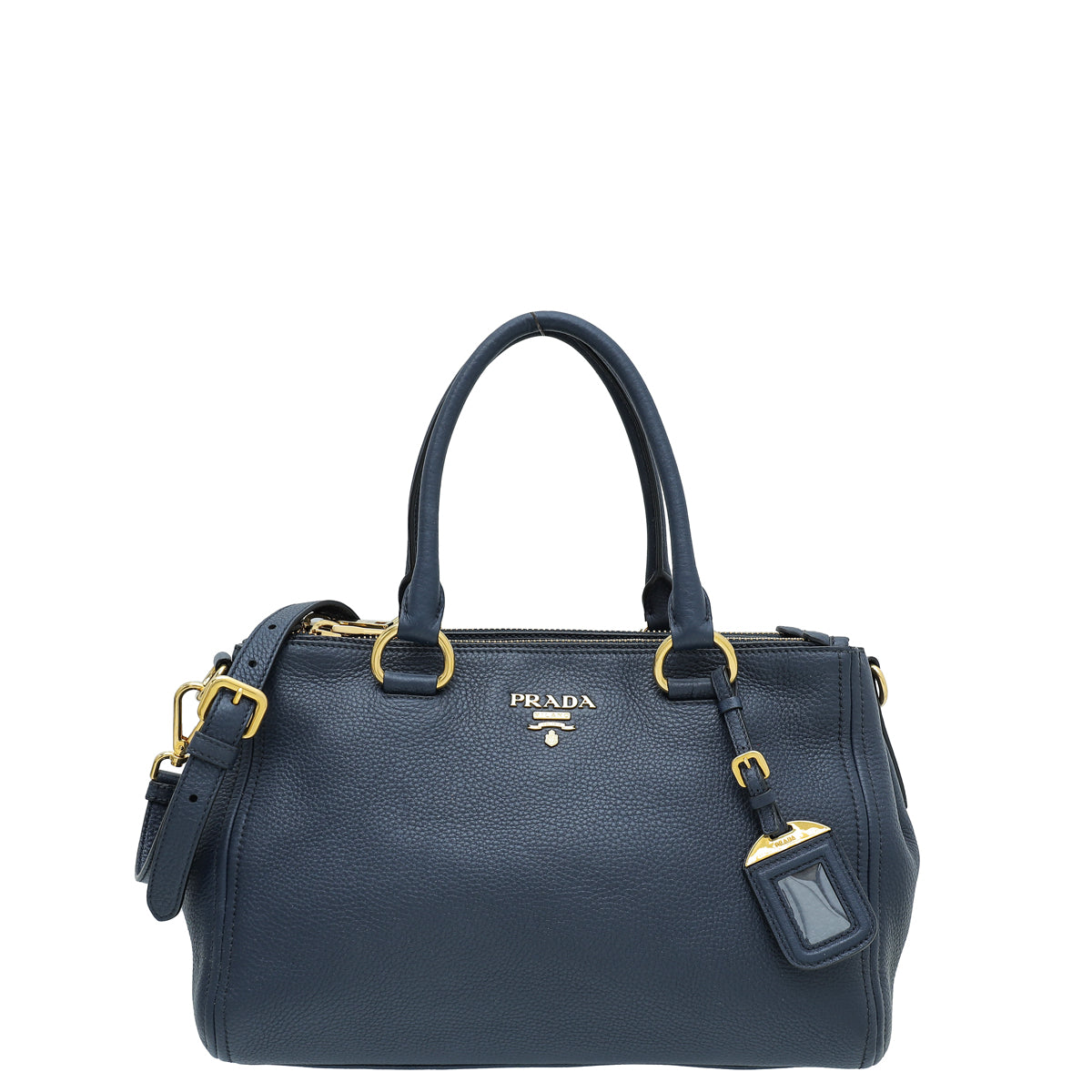 Prada Blue Vitello Daino Double Zipped Convertible Tote Bag