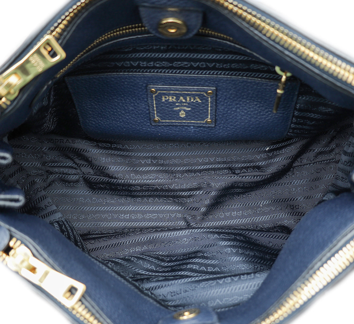 Prada Blue Vitello Daino Double Zipped Convertible Tote Bag