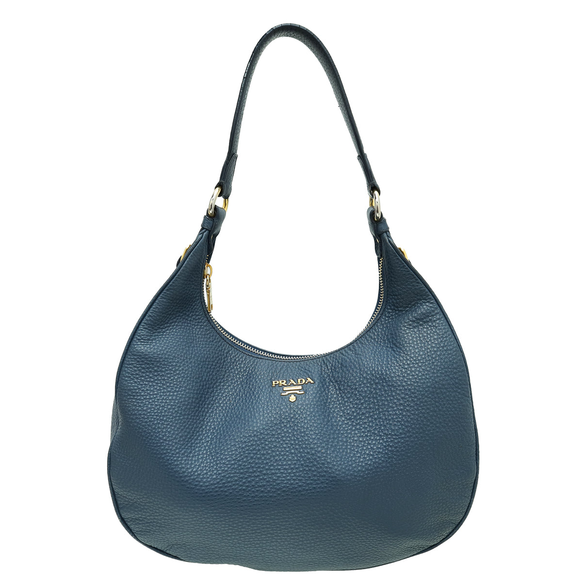 Prada Navy Blue Vitello Daino Zip Top Hobo Bag