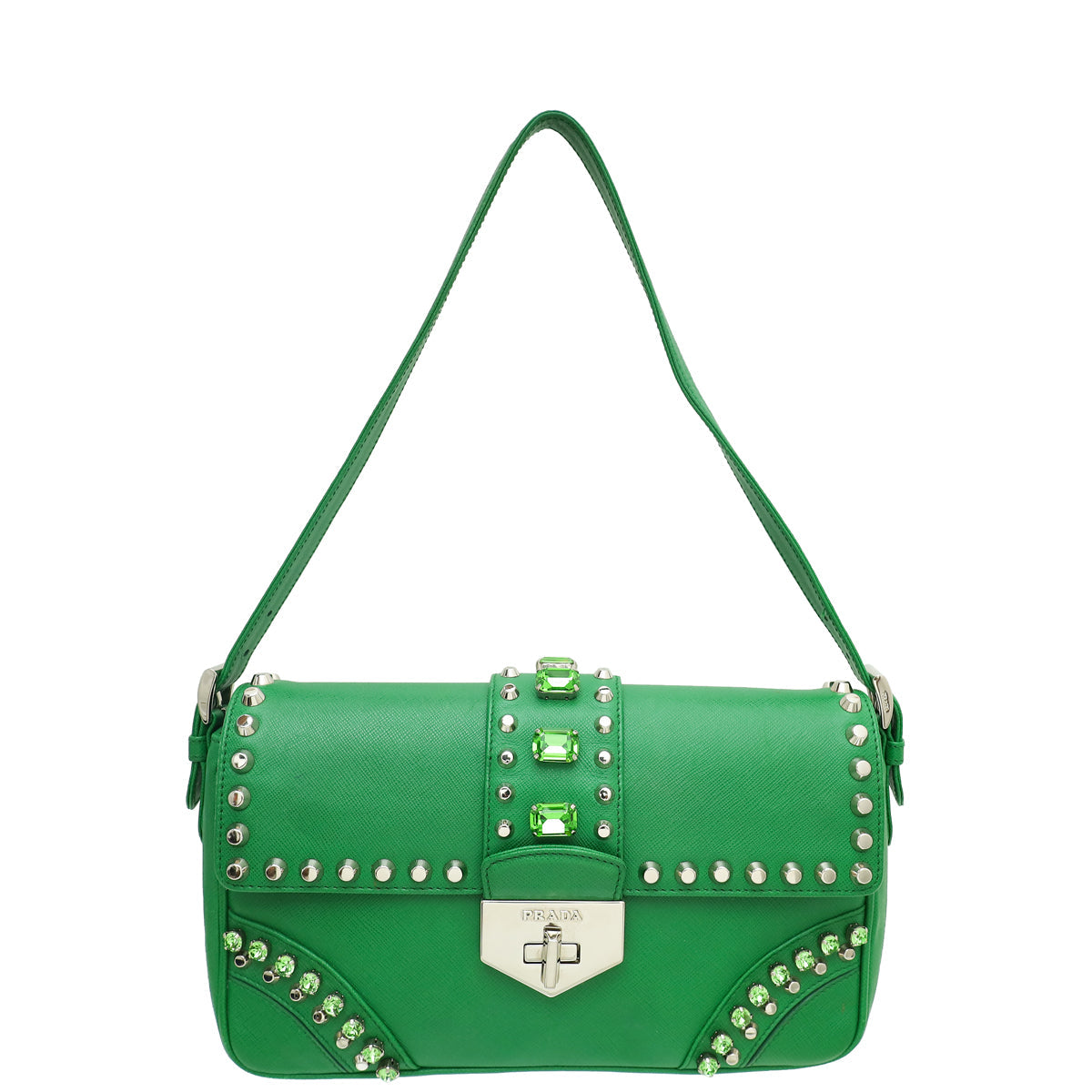 Prada Green Turn Lock Studded Embellished Flap Bag