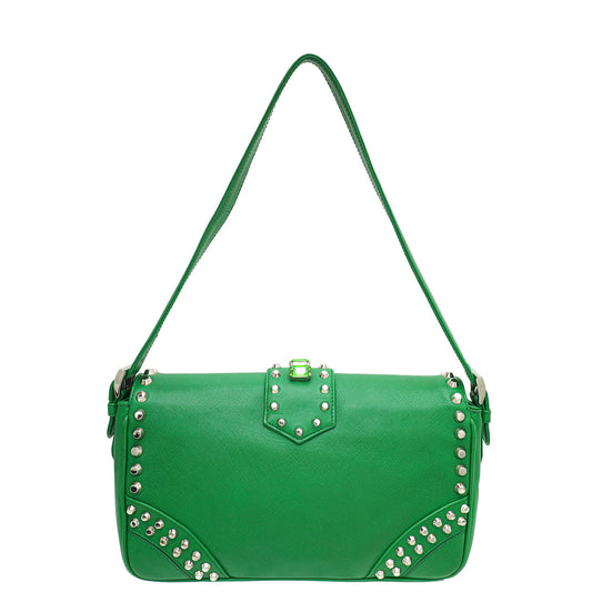 Prada Green Turn Lock Studded Embellished Flap Bag