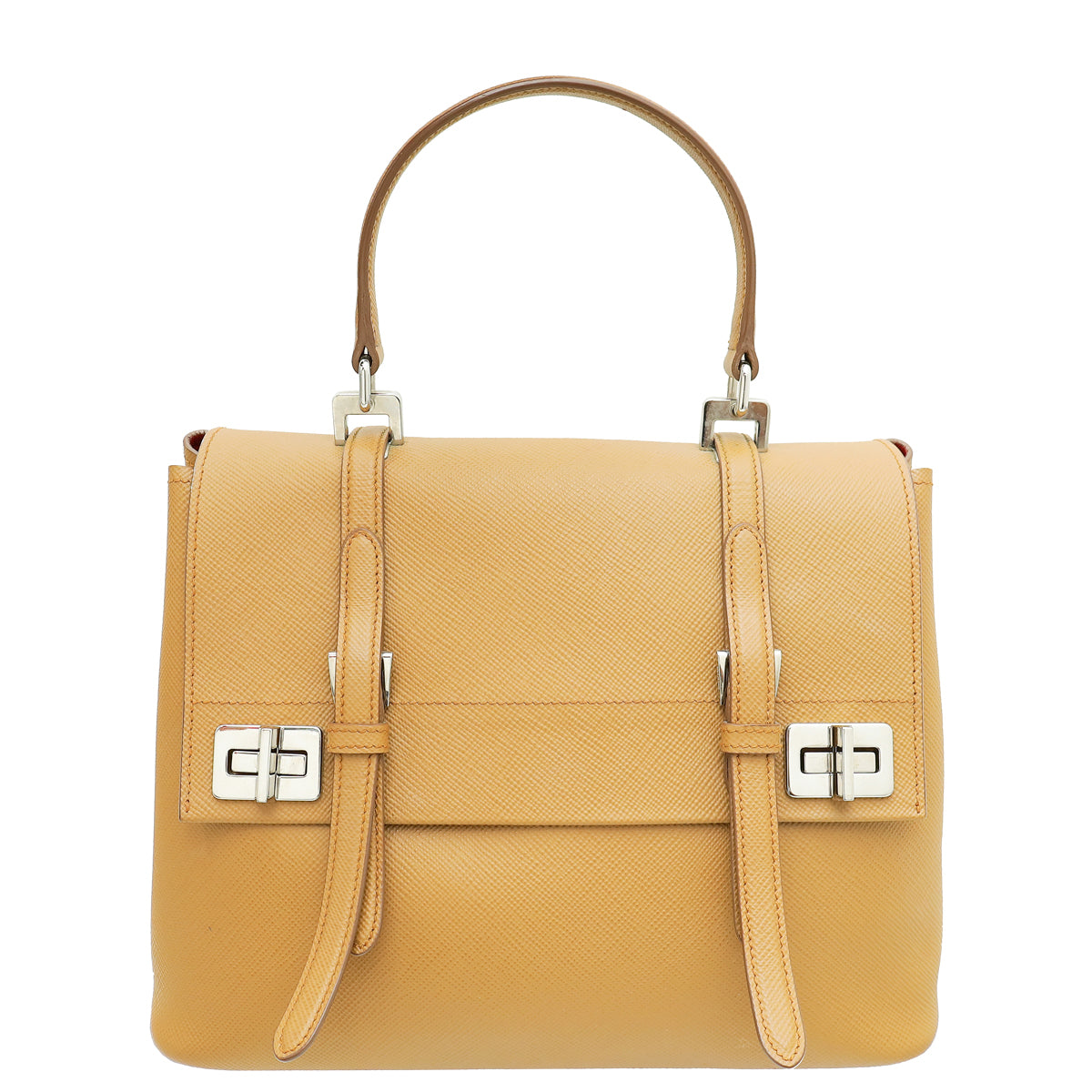 Prada Caramel Cuir Double Turn Lock Satchel Bag