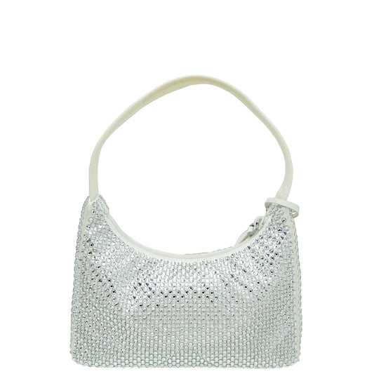 Prada White Satin Re-Edition 2000 Mini Bag w/ Artificial Crystal Bag