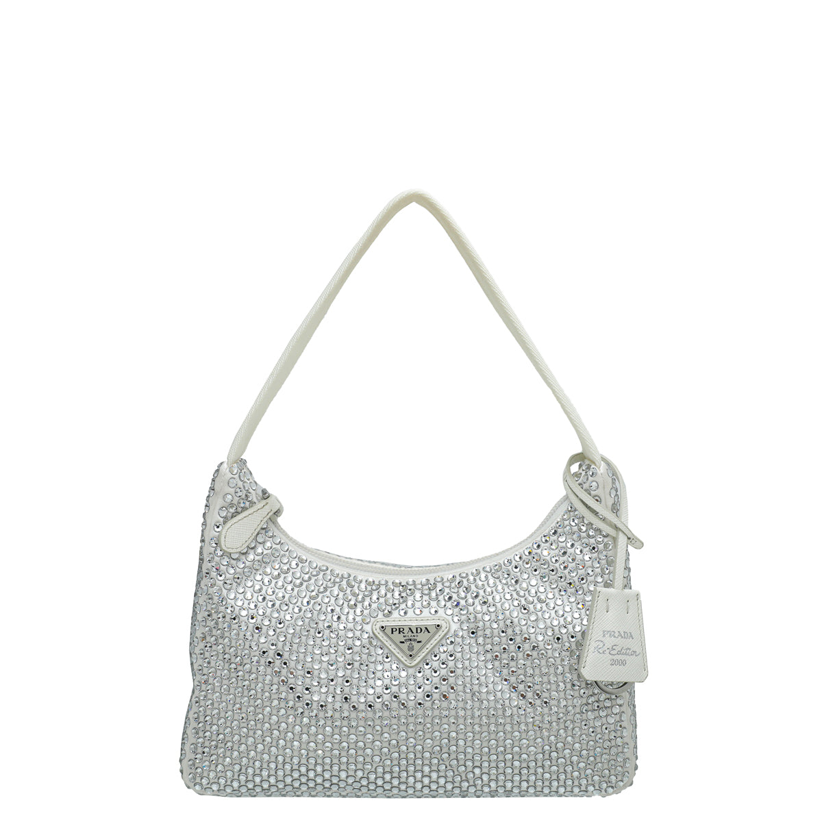 Prada White Satin Re-Edition 2000 Mini Bag w/Artificial Crystal