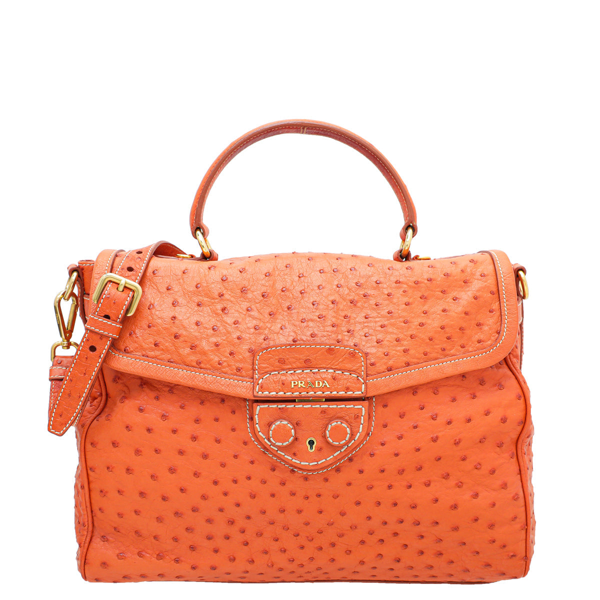 Prada Orange Ostrich Top Handle Flap Large Bag