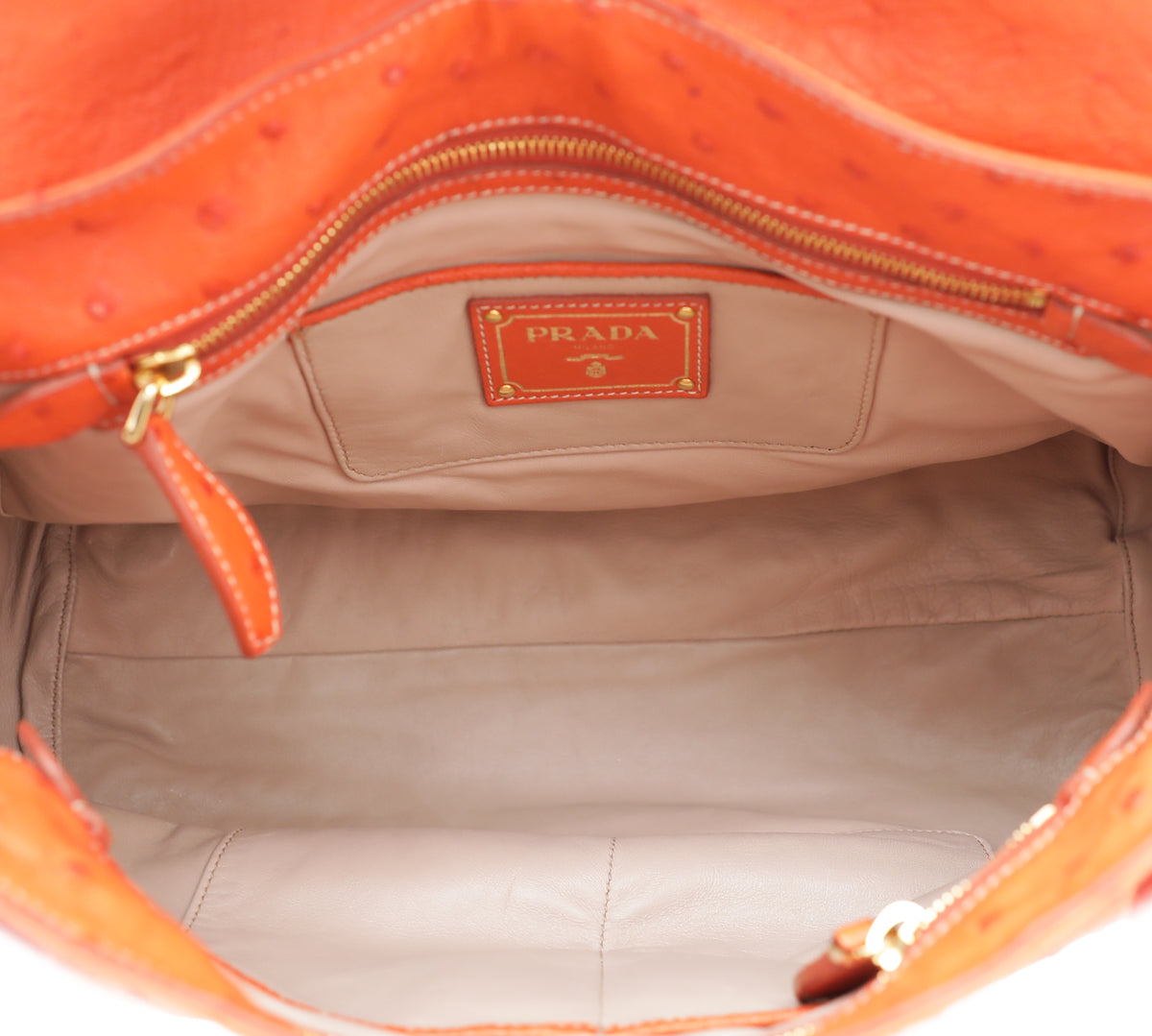 Prada Orange Ostrich Top Handle Flap Large Bag