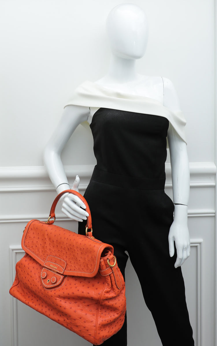 Prada Orange Ostrich Top Handle Flap Large Bag