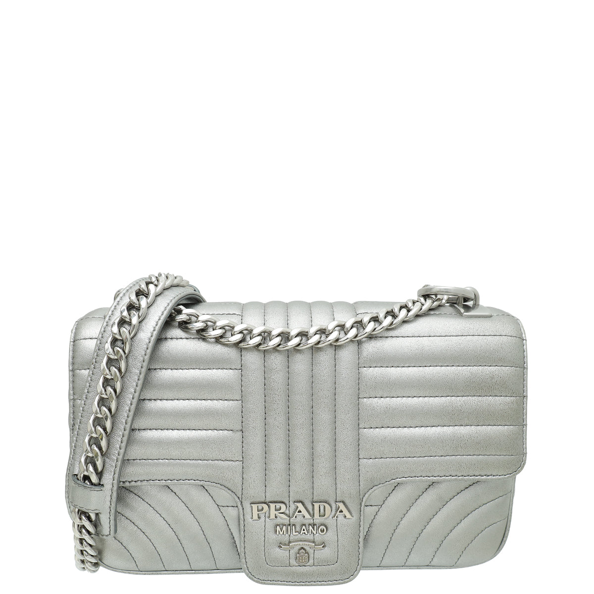 Prada Metallic Silver Cromo Nappa Impunture Diagramme Flap Medium Bag