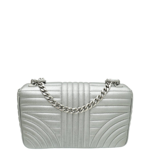 Prada Metallic Silver Cromo Nappa Impunture Diagramme Flap Medium Bag