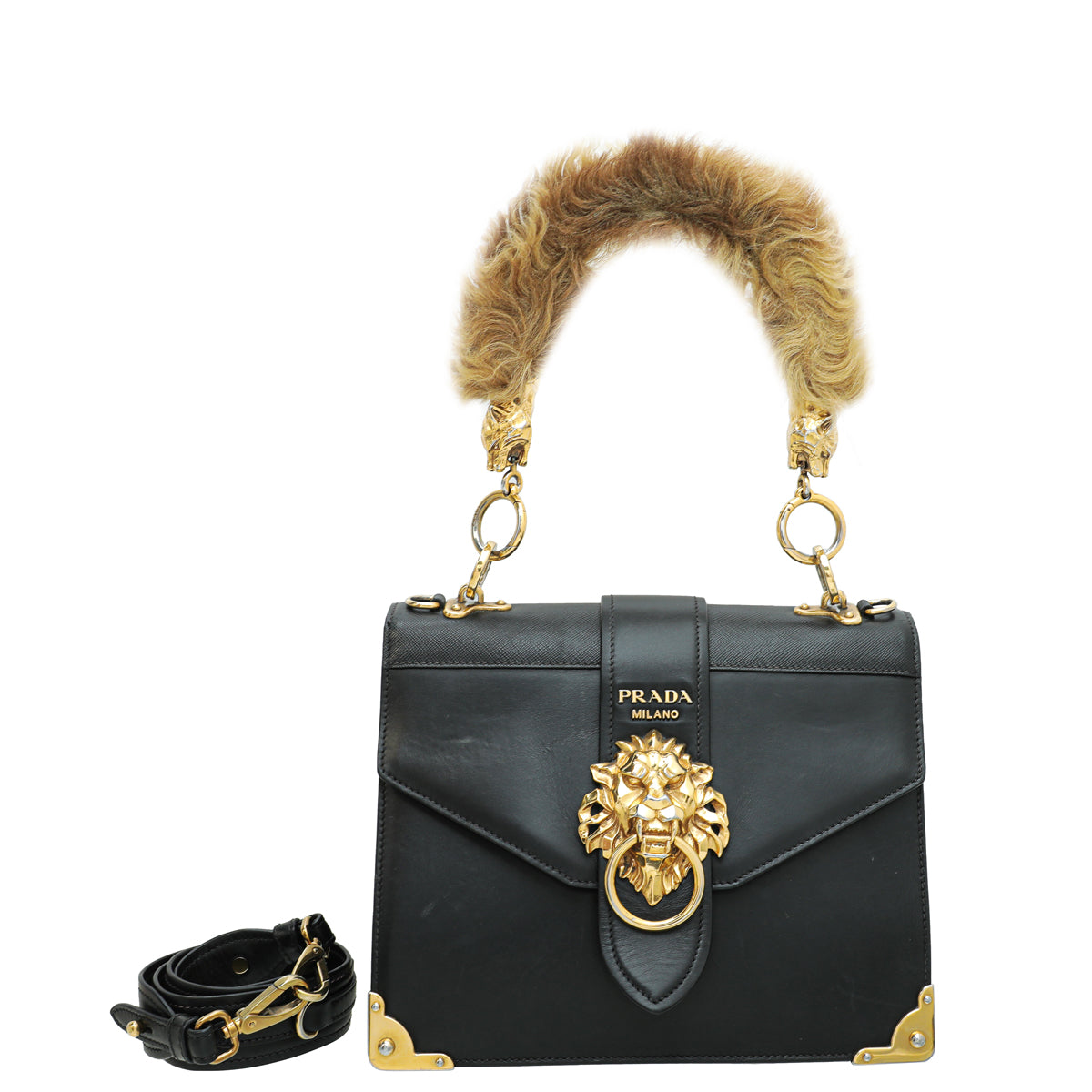 Prada Black Lion's Head Cahier Bag W/Tiger's Head Sherling Top Handle