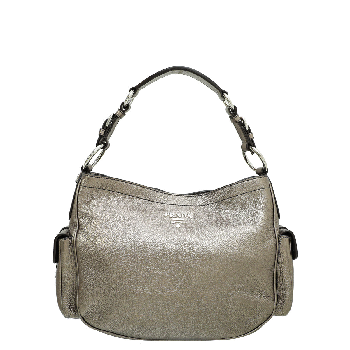 Prada Metallic Light Olive Side Pocket Vitello Daino Hobo Bag