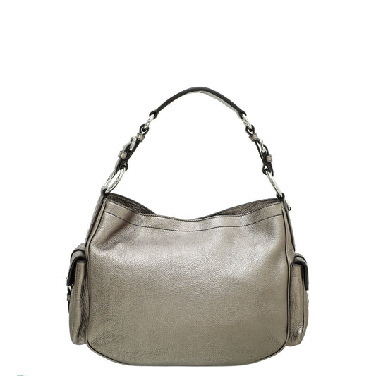 Prada Metallic Light Olive Side Pocket Vitello Daino Hobo Bag