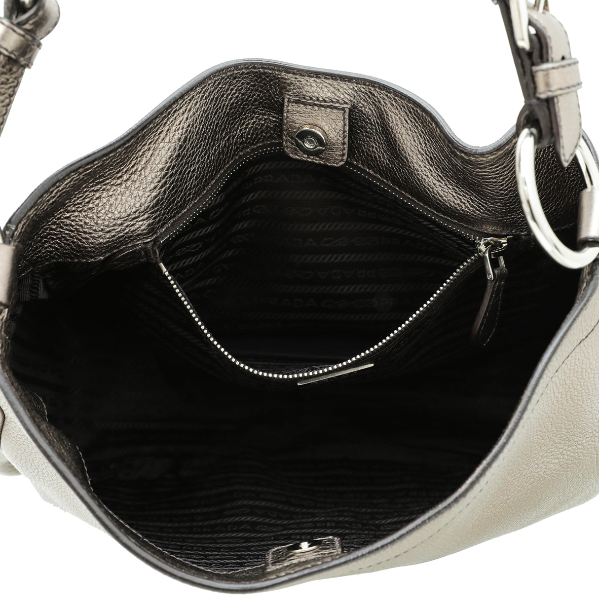 Prada Metallic Light Olive Side Pocket Vitello Daino Hobo Bag