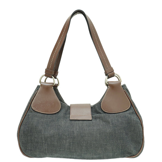 Prada Bicolor Denim Hobo Buckle Shoulder Bag