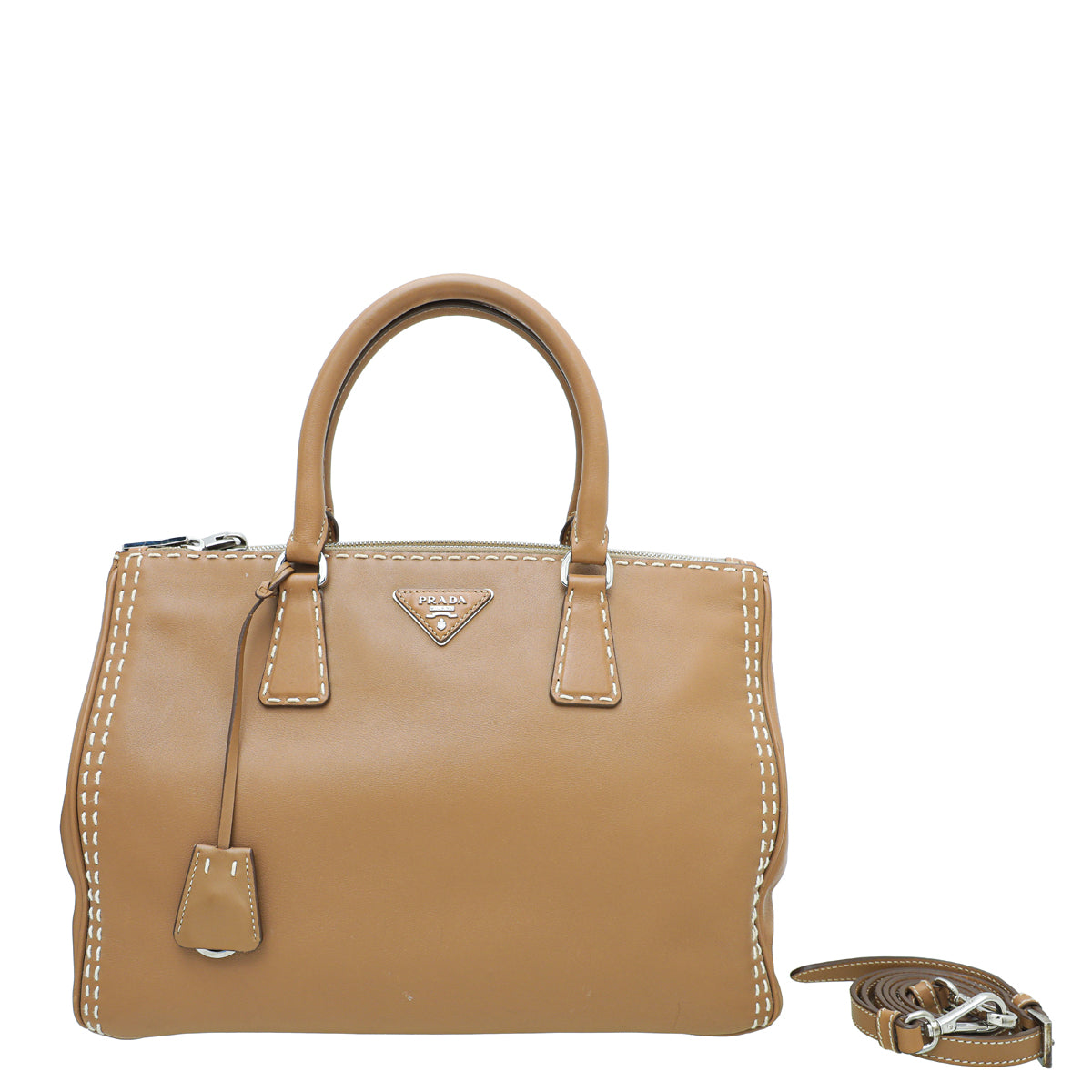 Prada Caramel Top Stitched City Double Zipped Tote Bag