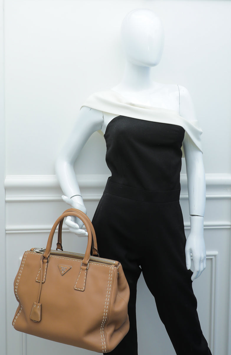 Prada Caramel Top Stitched City Double Zipped Tote Bag