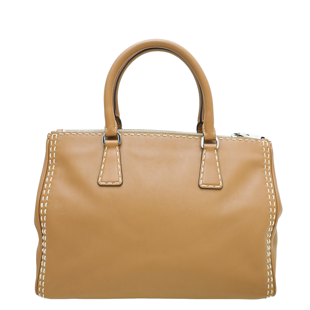 Prada Caramel Top Stitched City Double Zipped Tote Bag