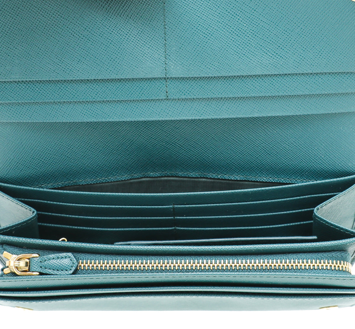 Prada Dark Teal Flap Wallet W/Detachable Card Case