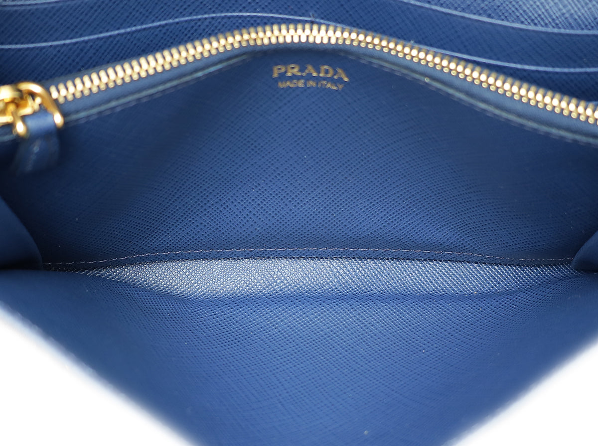 Prada Blue Metal Continental Wallet W/ Removable Card Holder