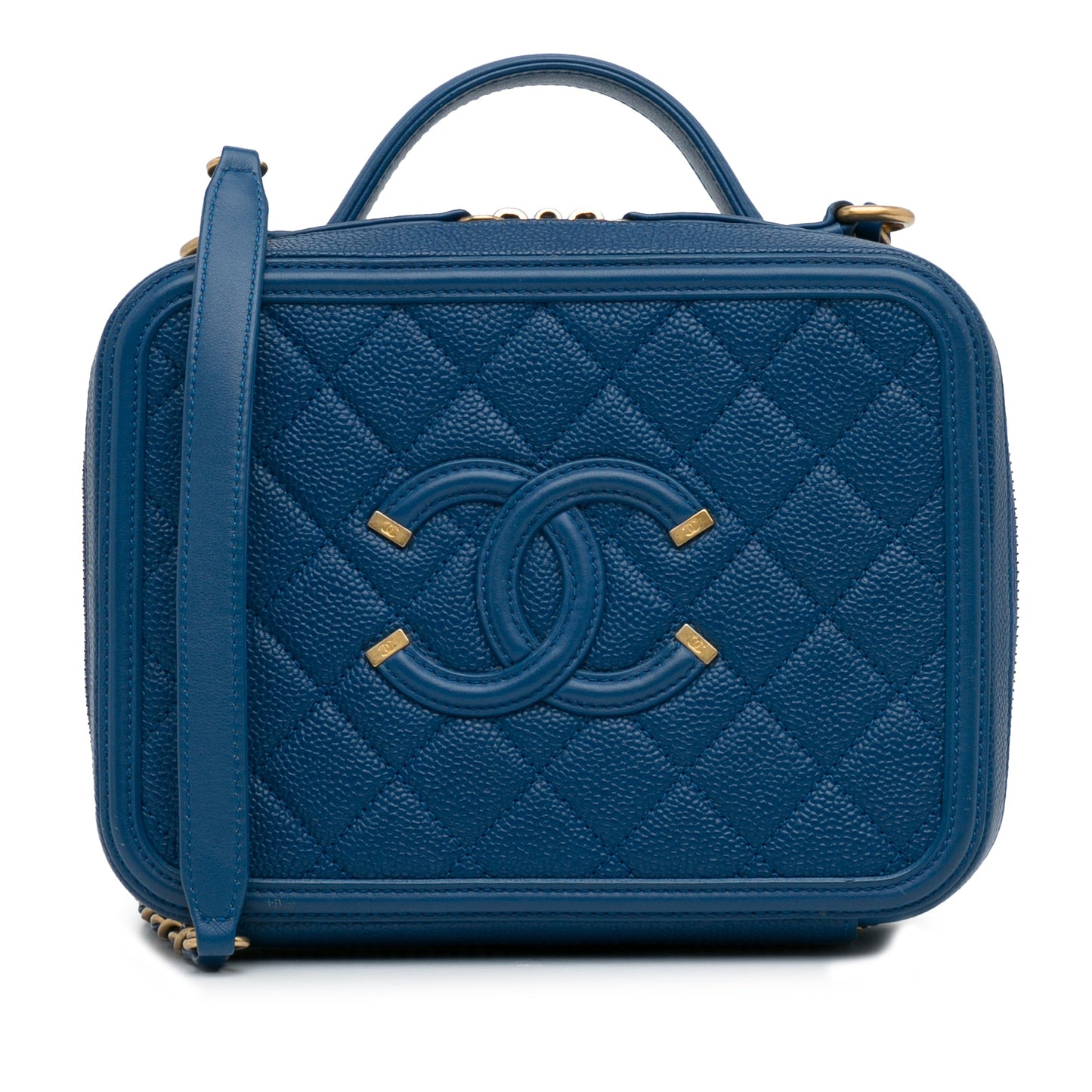 Chanel CC Filigree Vanity Case Blue Caviar Gold