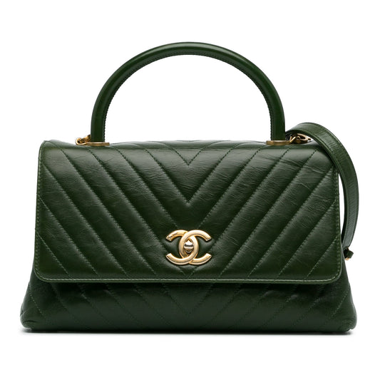 Chanel Coco Handle Flap Bag Chevron Medium Green Aged Calfskin Gold