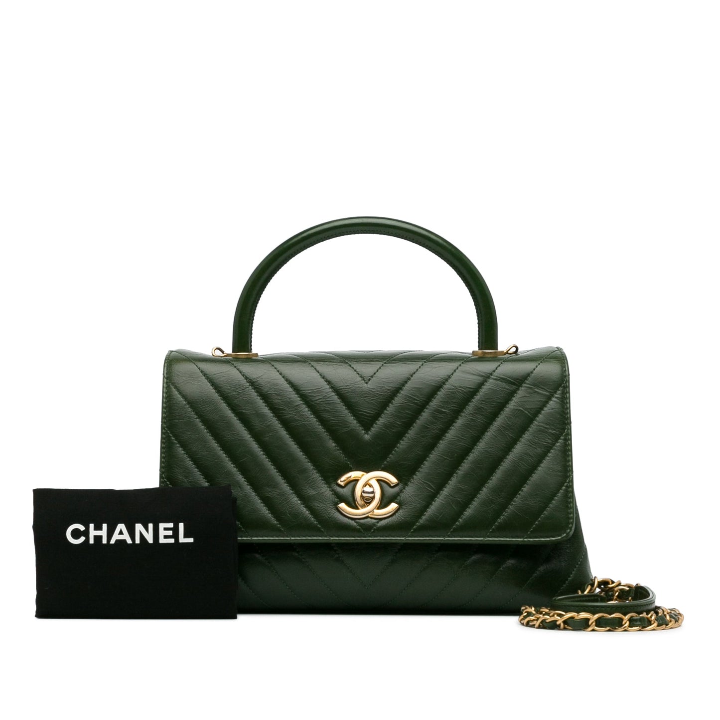 Chanel Coco Handle Flap Bag Chevron Medium Green Aged Calfskin Gold