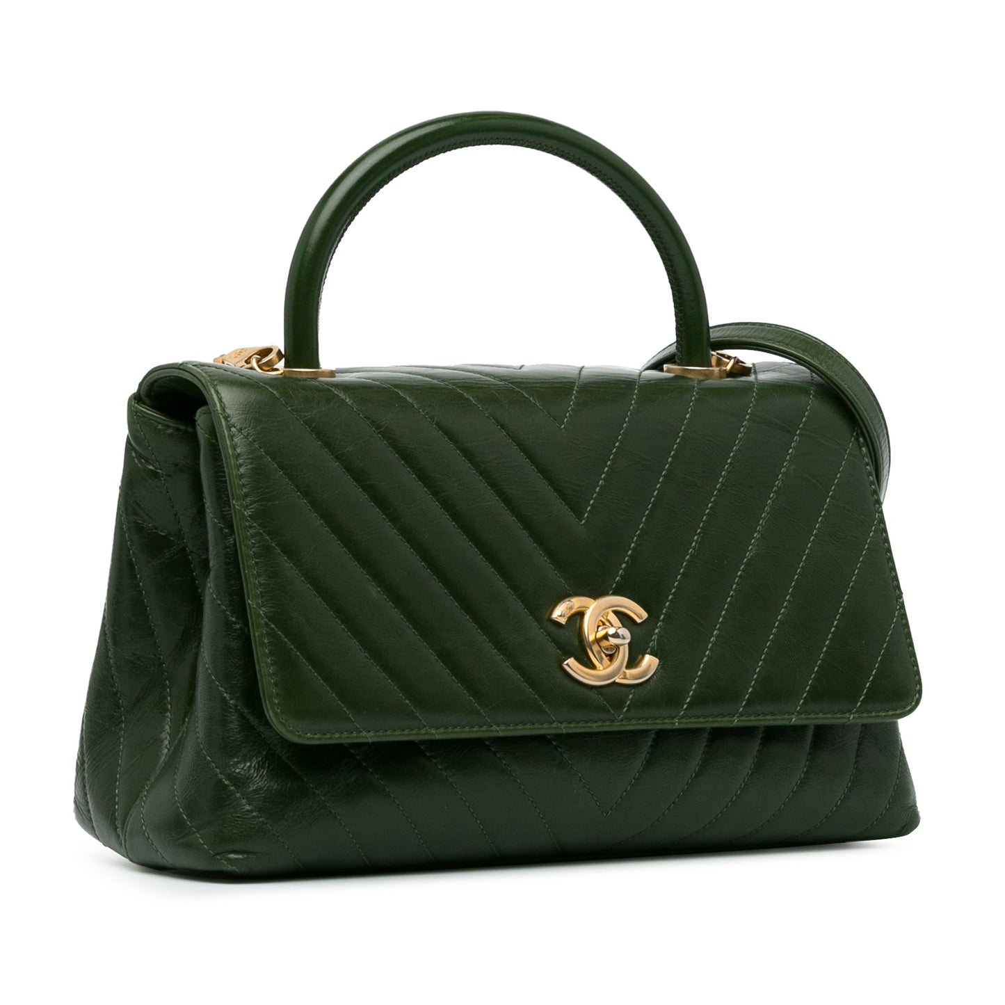 Chanel Coco Handle Flap Bag Chevron Medium Green Aged Calfskin Gold