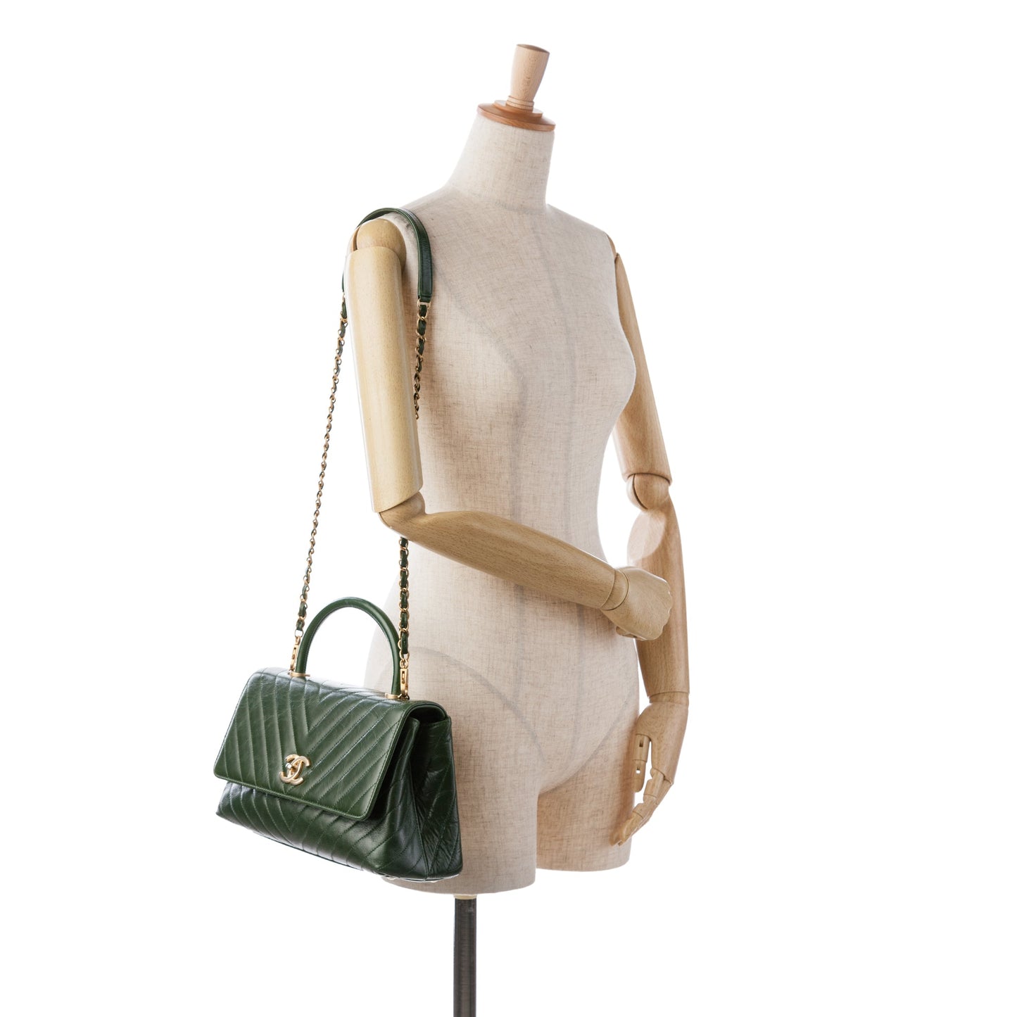 Chanel Coco Handle Flap Bag Chevron Medium Green Aged Calfskin Gold