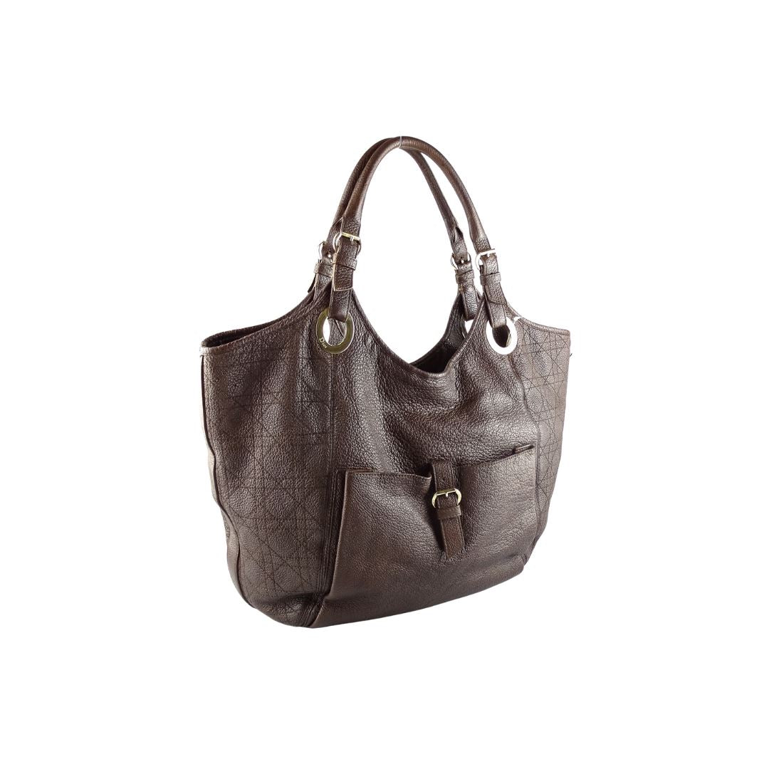 Christian Dior Cannage and Pebbled Leather Brown Bee Tote