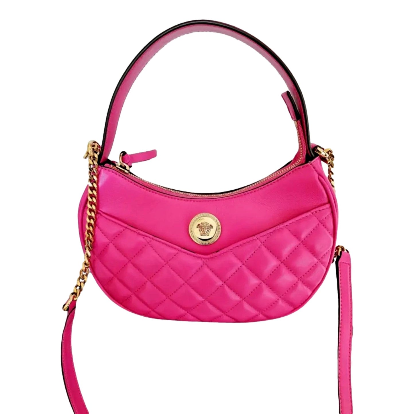 Versace La Medusa Half Moon Hobo Shoulder Crossbody Bag Pink Leather