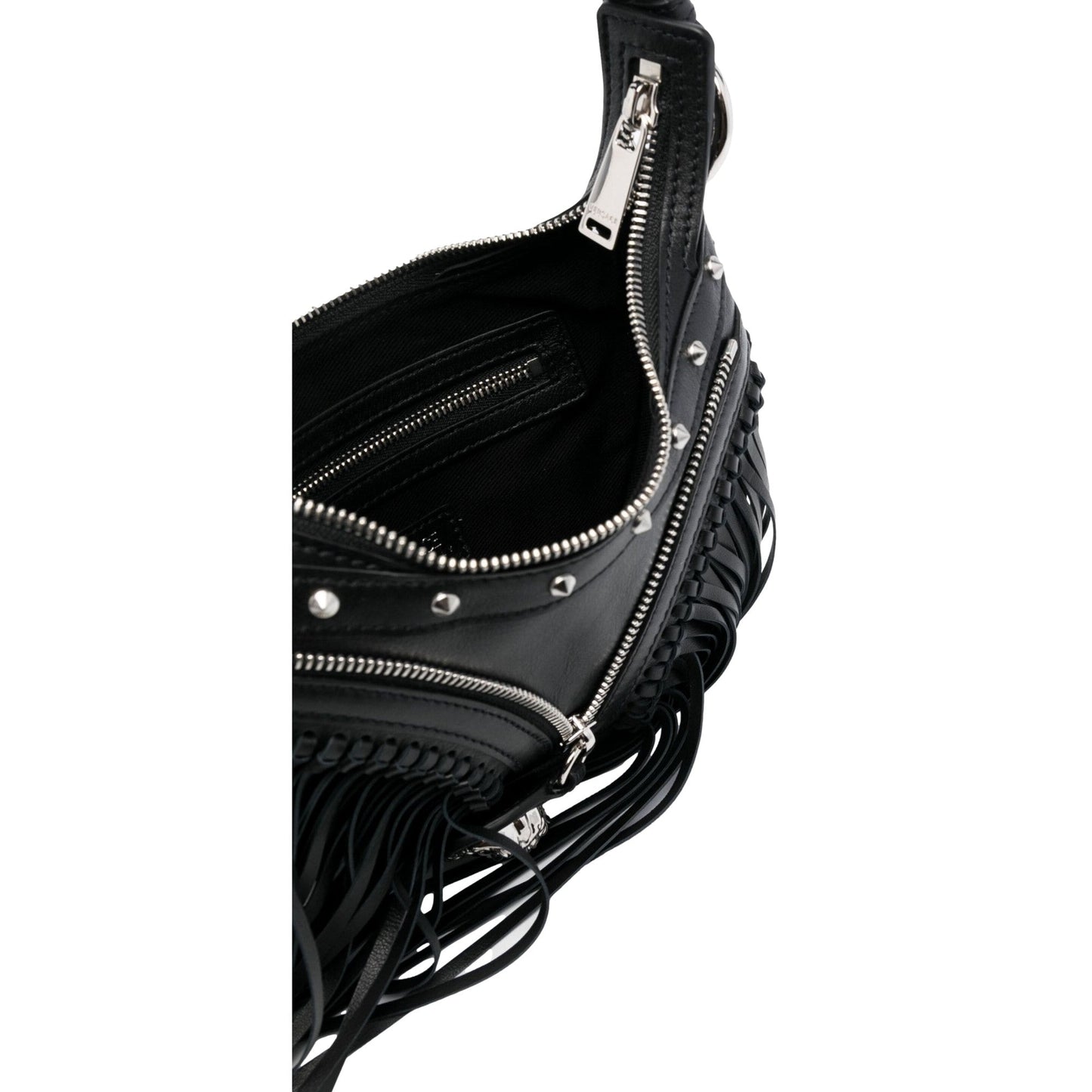 Versace Repeat Fringe La Medusa Mini Hobo Shoulder Bag Black Leather