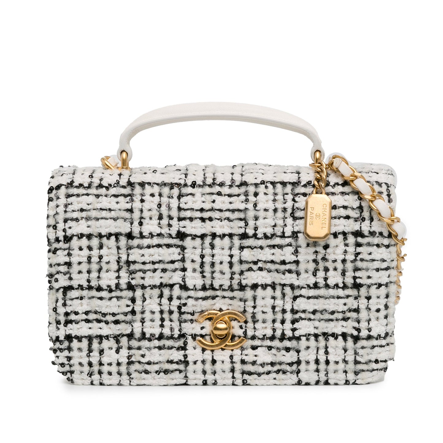 Chanel Top Handle Full Flap White CC Quilted Tweed