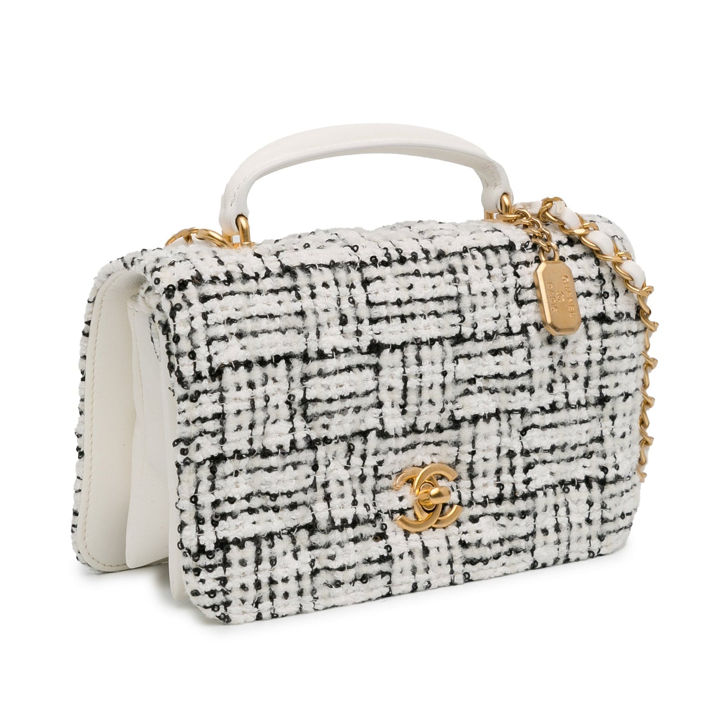 Chanel Top Handle Full Flap White CC Quilted Tweed