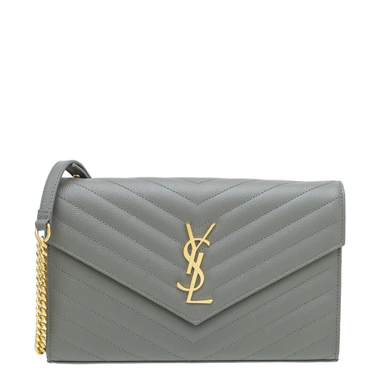 YSL Grey Monogram Chevron Chain Wallet