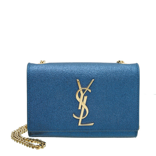 YSL Metallic Blue Monogram Kate Mini Chain Bag