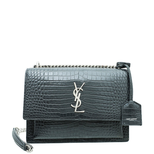 YSL Dark Grey Croco Embossed Sunset Medium Bag