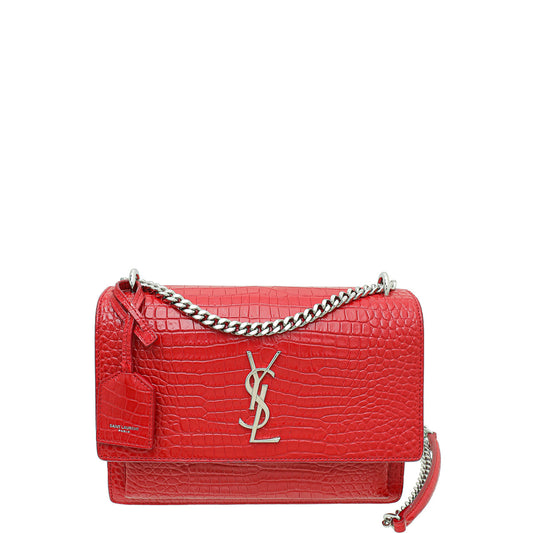 YSL Red Croco Embossed Sunset Medium Bag