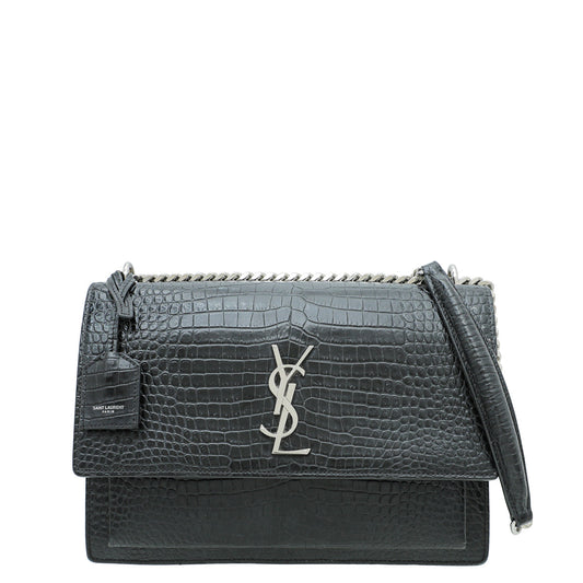 YSL Black Croc Embossed Sunset Large Bag