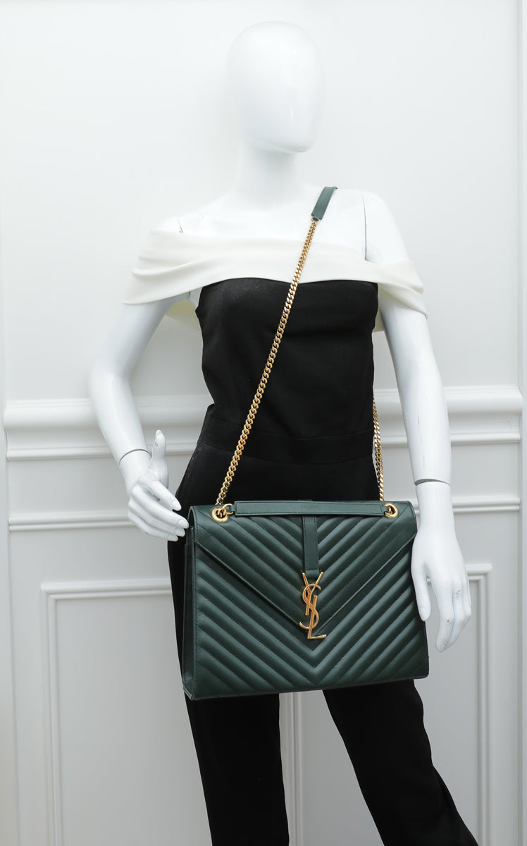 YSL Forest Green Monogram Satchel Flap Large Bag