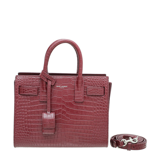 YSL Burgundy Croc Embossed Sac De Jour Nano Bag