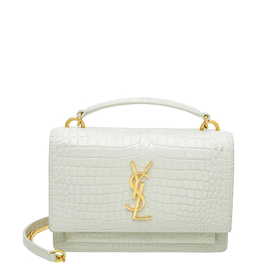 YSL Vintage Blanc Croc Embossed Sunset Chain Wallet