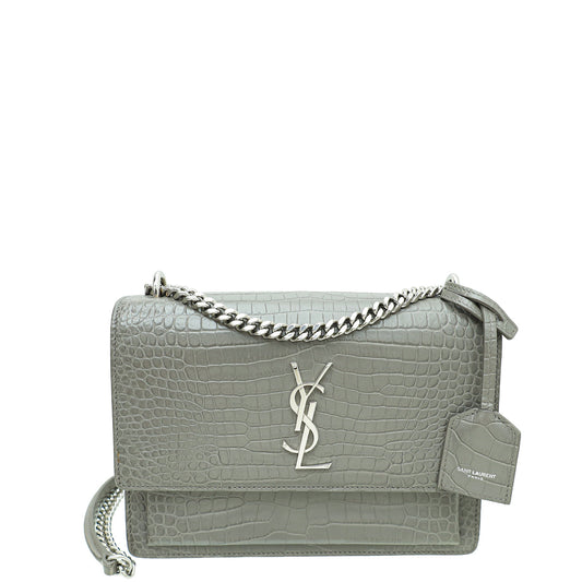 YSL Grey Croco Embossed Sunset Medium Shoulder Bag