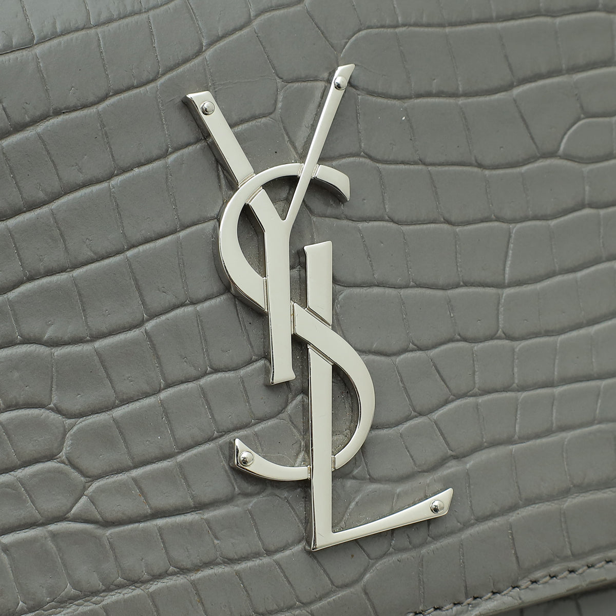 YSL Grey Croco Embossed Sunset Medium Shoulder Bag